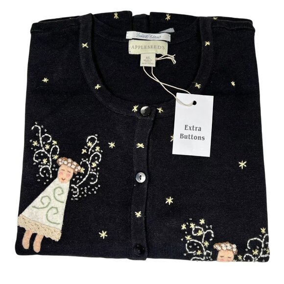 Limited Edition Appleseed's Womens Black Christmas Angels Cardigan Sweater Sz XL - Picture 11 of 16
